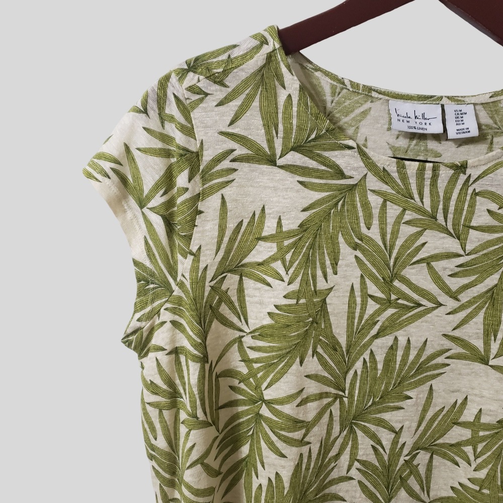 Nicole Miller 100% Linen Palm Leaf Print Cap Sleeve Button Detail Top Green M - Picture 2 of 10